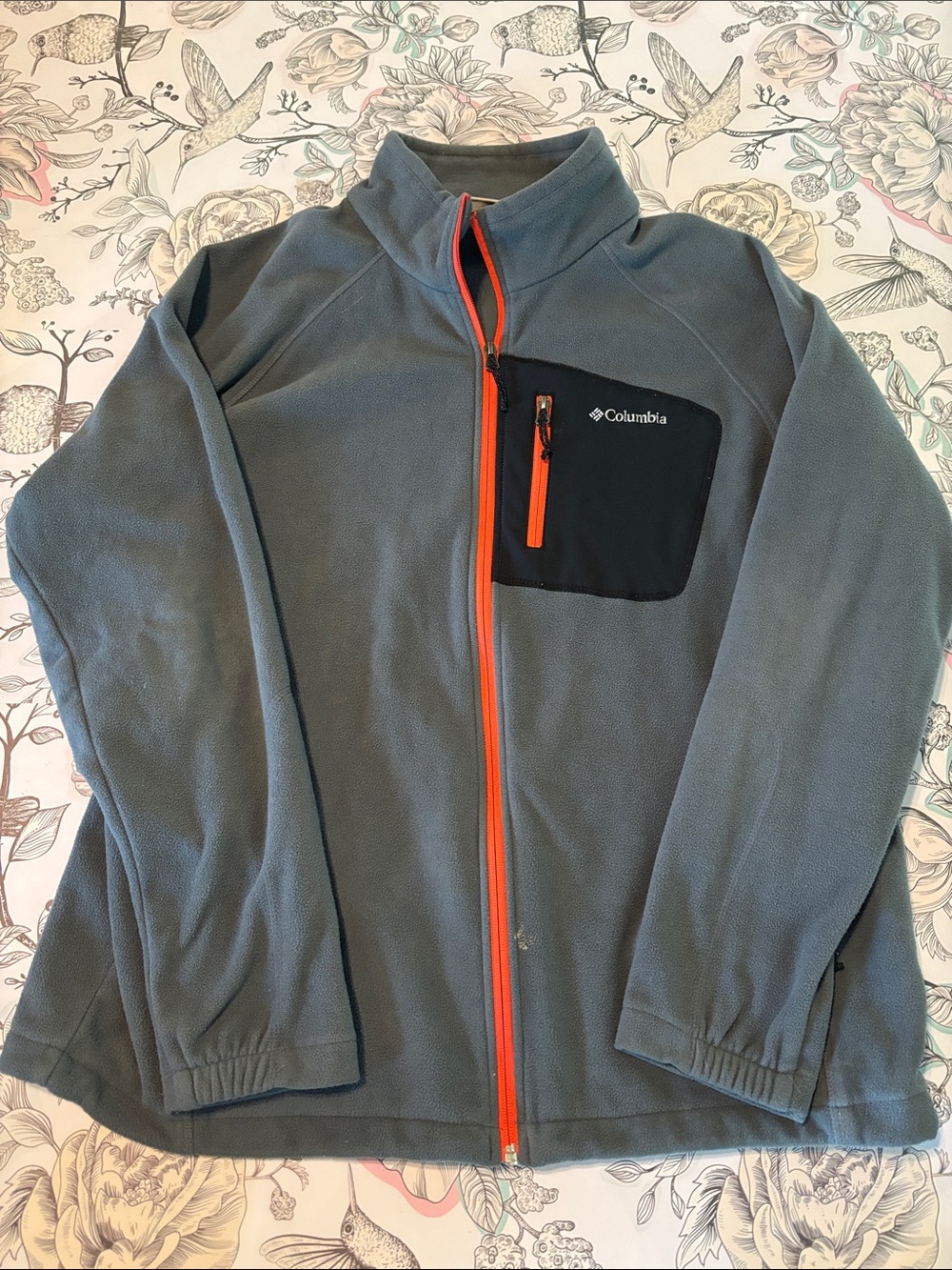 Columbia Gray Fleece Jacket with Orange Zipper and Black Chest Pocket